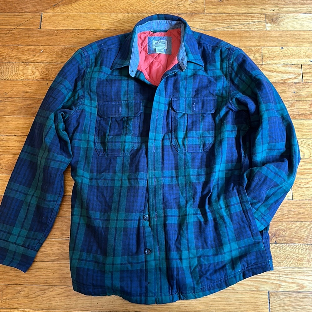 LL Bean Quilted Shirt-Jacket in Navy and Green Plaid (Men’s M)